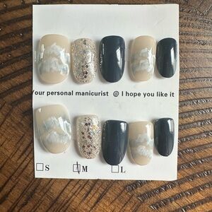 Elegant Navy and Cream Press-On Nails